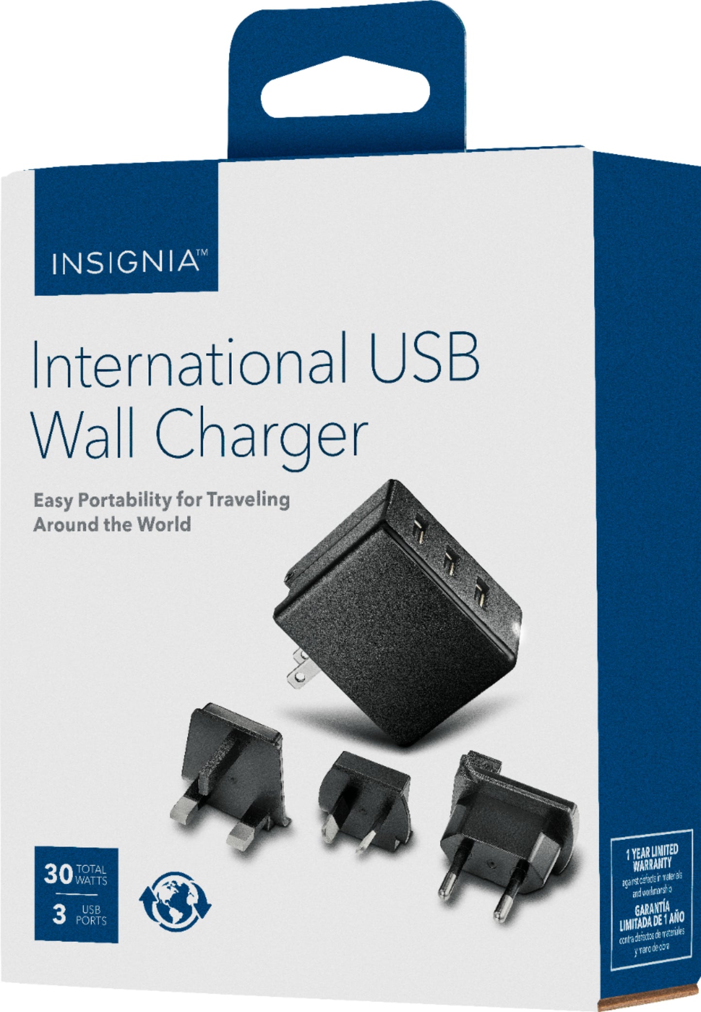 Insignia™ - 30W Foldable 3 USB Port Wall Charger with EU/UK/AU rechangeable plugs - Black