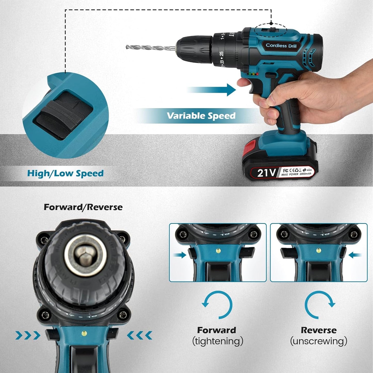 21V Cordless Drill Set: Electric Power Drill with Battery and Charger