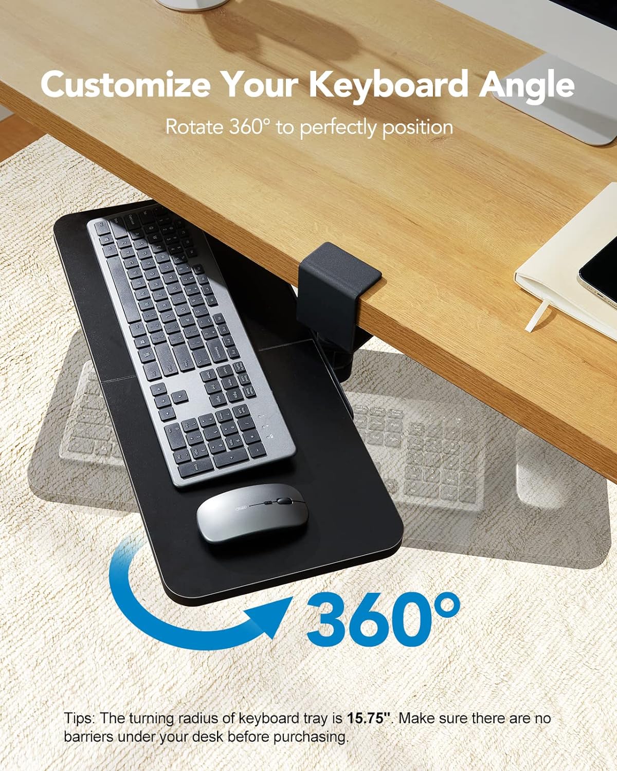 HUANUO Keyboard Tray Under Desk, 23.62" W x 9.84" D, Black